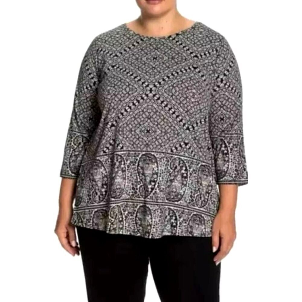 Lucky Brand Tunic Paisley Tee Cotton Modal Curved Hem Round Neck 3/4 Sleeve - 1X